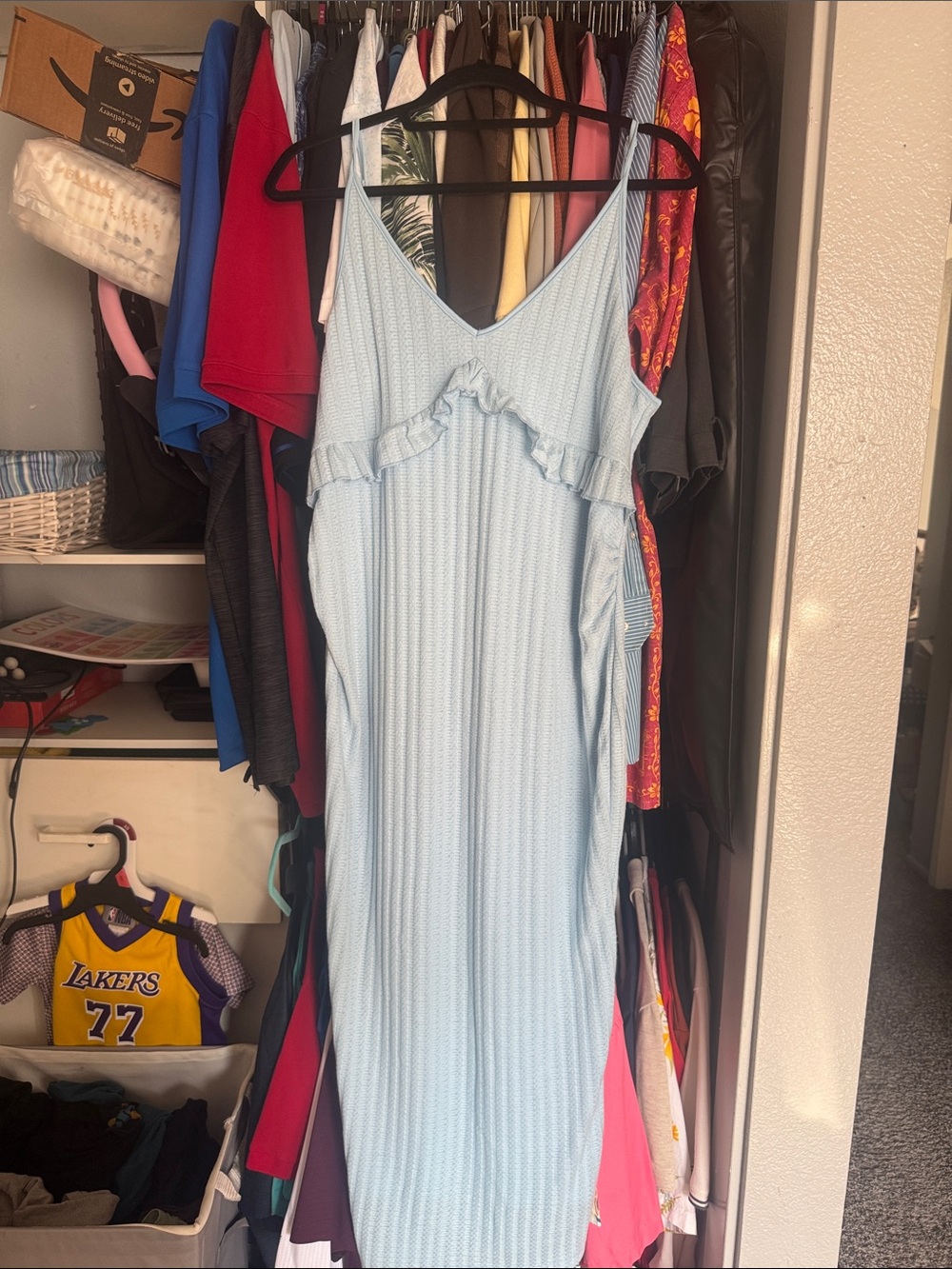 SHEIN Light Blue Ruffled V-Neck Maxi Dress